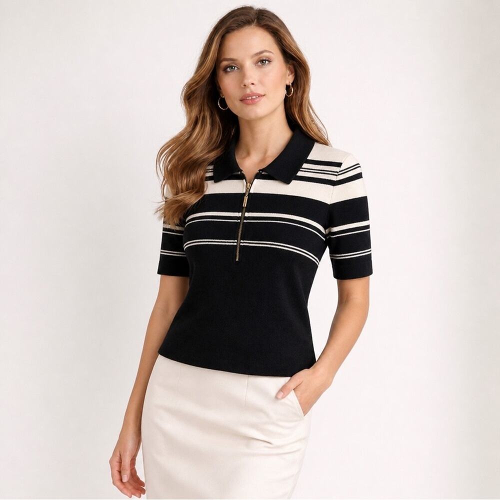 St. John Collection by Marie Gray Black Cream Stripe Knit Polo Top Sport Size S